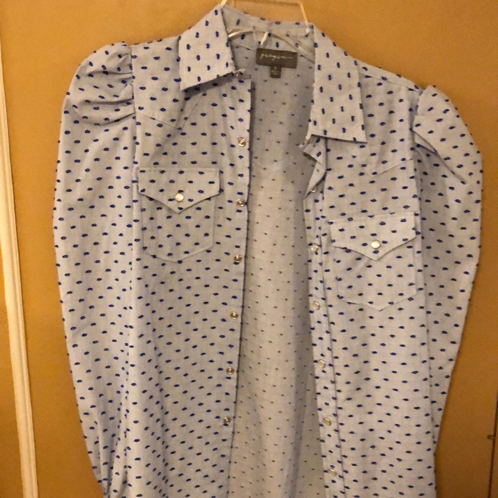 Anthropologie. Greyson button up top.
